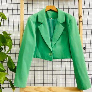Mint Green Cropped Blazer Single Button Notch Lapel Jacket